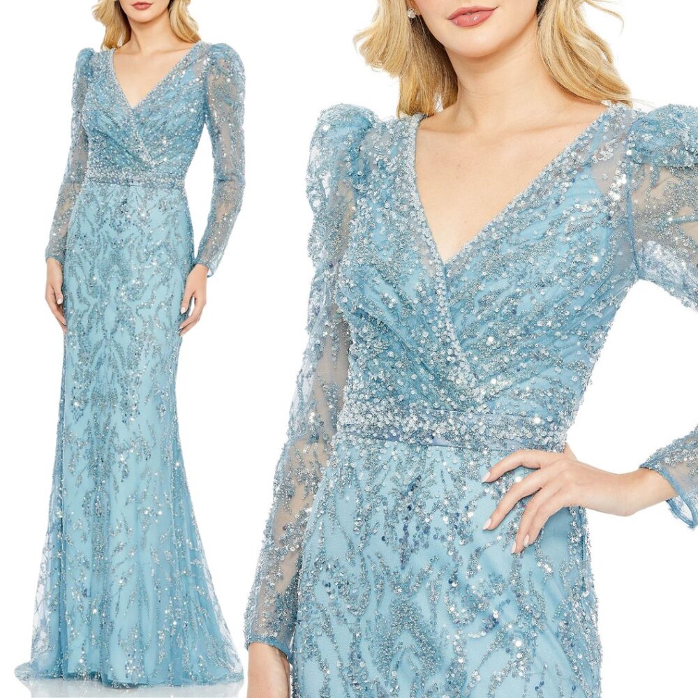 Mac Duggal 20442 Size 4 Light Aqua Blue VNeck Long Sleeve Beaded Maxi Gown Dress